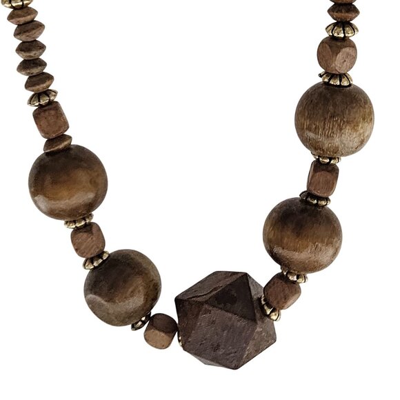 Boho Brown Wood Beaded Chunky Necklace Round Geometric Beads Fashion Jewelry - Picture 2 of 6